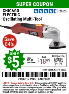 Harbor Freight Coupon SINGLE SPEED MULTIFUNCTION POWER TOOL Lot No. 62279/62302/62866/68861 Expired: 11/15/20 - $5