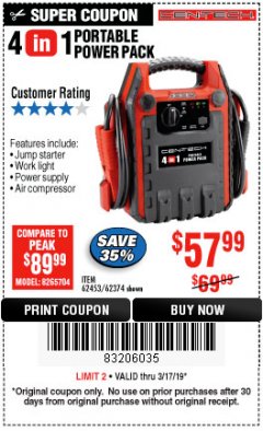 Harbor Freight Coupon 4 IN 1 PORTABLE POWER PACK Lot No. 62453/62374 Expired: 3/17/19 - $57.99