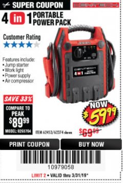 Harbor Freight Coupon 4 IN 1 PORTABLE POWER PACK Lot No. 62453/62374 Expired: 3/31/19 - $59.99