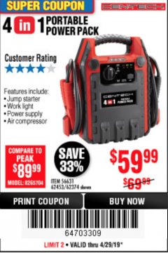 Harbor Freight Coupon 4 IN 1 PORTABLE POWER PACK Lot No. 62453/62374 Expired: 4/28/19 - $59.99