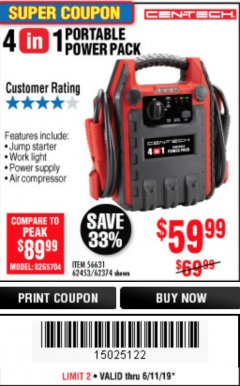 Harbor Freight Coupon 4 IN 1 PORTABLE POWER PACK Lot No. 62453/62374 Expired: 6/11/19 - $59.99