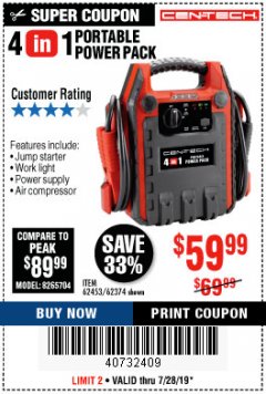 Harbor Freight Coupon 4 IN 1 PORTABLE POWER PACK Lot No. 62453/62374 Expired: 7/28/19 - $59.99