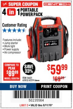 Harbor Freight Coupon 4 IN 1 PORTABLE POWER PACK Lot No. 62453/62374 Expired: 8/11/19 - $59.99