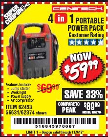 Harbor Freight Coupon 4 IN 1 PORTABLE POWER PACK Lot No. 62453/62374 Expired: 11/9/19 - $59.99