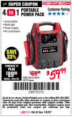 Harbor Freight Coupon 4 IN 1 PORTABLE POWER PACK Lot No. 62453/62374 Expired: 1/8/20 - $59.99
