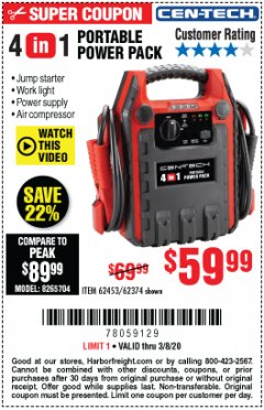 Harbor Freight Coupon 4 IN 1 PORTABLE POWER PACK Lot No. 62453/62374 Expired: 3/8/20 - $59.99