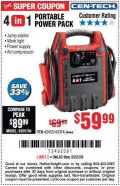 Harbor Freight Coupon 4 IN 1 PORTABLE POWER PACK Lot No. 62453/62374 Expired: 3/22/20 - $59.99