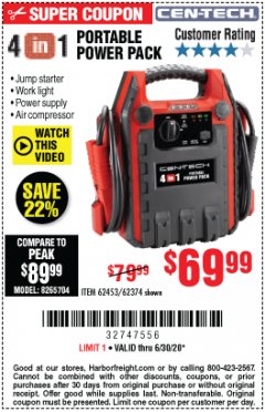 Harbor Freight Coupon 4 IN 1 PORTABLE POWER PACK Lot No. 62453/62374 Expired: 6/30/20 - $69.99