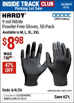 Harbor Freight Coupon HARDY 9 MIL NITRILE POWDER-FREE GLOVES, 50-PACK Lot No. 57159/68510/68511/68512 Valid: 12/31/69 - 6/4/26 - $8.98