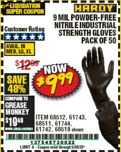 Harbor Freight Coupon HARDY 9 MIL NITRILE POWDER-FREE GLOVES, XX-LARGE, 50-PACK Lot No. 57159/68510/68511/68512 Expired: 6/30/20 - $9.99