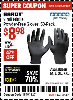 Harbor Freight Coupon HARDY 9 MIL NITRILE POWDER-FREE GLOVES, XX-LARGE, 50-PACK Lot No. 57159/68510/68511/68512 Expired: 4/21/24 - $8.98
