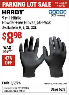 Harbor Freight Coupon HARDY 9 MIL NITRILE POWDER-FREE GLOVES, 50-PACK Lot No. 57159/68510/68511/68512 EXPIRES: 6/7/26 - $8.98