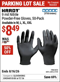 Harbor Freight Coupon HARDY 9 MIL NITRILE POWDER-FREE GLOVES, 50-PACK Lot No. 57159/68510/68511/68512 EXPIRES: 8/16/26 - $8.49