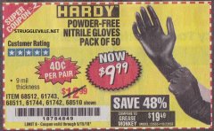 Harbor Freight Coupon HARDY 9 MIL NITRILE POWDER-FREE GLOVES, XX-LARGE, 50-PACK Lot No. 57159/68510/68511/68512 Expired: 9/15/18 - $9.99