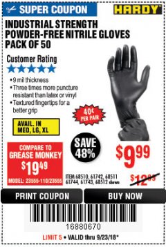Harbor Freight Coupon 9 MIL POWDER-FREE NITRILE INDUSTRIAL GLOVE PACK OF 50 Lot No. 68510/61742/68511/61744/68512/61743 Expired: 9/23/18 - $9.99