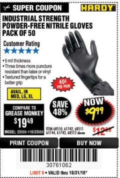 Harbor Freight Coupon HARDY 9 MIL NITRILE POWDER-FREE GLOVES, XX-LARGE, 50-PACK Lot No. 57159/68510/68511/68512 Expired: 10/31/18 - $9.99