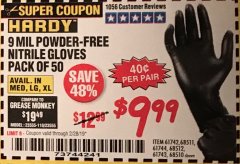 Harbor Freight Coupon HARDY 9 MIL NITRILE POWDER-FREE GLOVES, XX-LARGE, 50-PACK Lot No. 57159/68510/68511/68512 Expired: 2/28/19 - $9.99