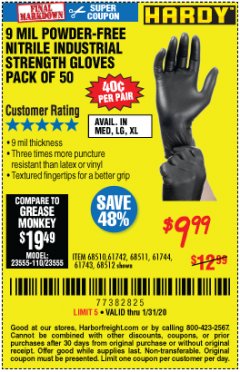 Harbor Freight Coupon 9 MIL POWDER-FREE NITRILE INDUSTRIAL GLOVE PACK OF 50 Lot No. 68510/61742/68511/61744/68512/61743 Expired: 1/31/20 - $9.99