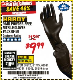 Harbor Freight Coupon 9 MIL POWDER-FREE NITRILE INDUSTRIAL GLOVE PACK OF 50 Lot No. 68510/61742/68511/61744/68512/61743 Expired: 2/8/20 - $9.99
