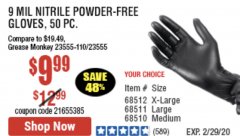Harbor Freight Coupon HARDY 9 MIL NITRILE POWDER-FREE GLOVES, XX-LARGE, 50-PACK Lot No. 57159/68510/68511/68512 Expired: 2/29/20 - $9.99