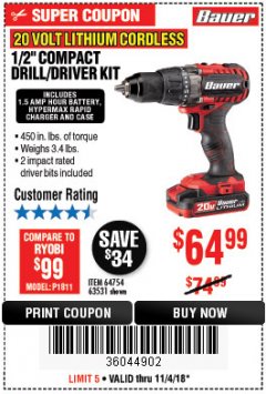 Harbor Freight Coupon BAUER 20 VOLT LITHIUM CORDLESS 1/2" COMPACT DRILL/DRIVER KIT Lot No. 64754/63531 Expired: 11/4/18 - $64.99