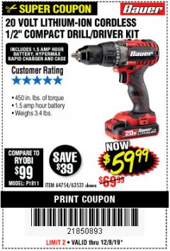 Harbor Freight Coupon BAUER 20 VOLT LITHIUM CORDLESS 1/2" COMPACT DRILL/DRIVER KIT Lot No. 64754/63531 Expired: 12/8/19 - $59.99