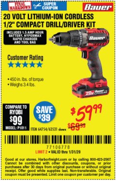 Harbor Freight Coupon BAUER 20 VOLT LITHIUM CORDLESS 1/2" COMPACT DRILL/DRIVER KIT Lot No. 64754/63531 Expired: 1/31/20 - $59.99
