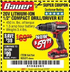 Harbor Freight Coupon BAUER 20 VOLT LITHIUM CORDLESS 1/2" COMPACT DRILL/DRIVER KIT Lot No. 64754/63531 Expired: 3/7/20 - $59.99