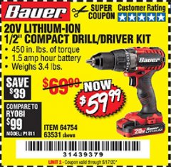 Harbor Freight Coupon BAUER 20 VOLT LITHIUM CORDLESS 1/2" COMPACT DRILL/DRIVER KIT Lot No. 64754/63531 Expired: 6/30/20 - $59.99
