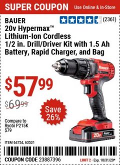 Harbor Freight Coupon BAUER 20 VOLT LITHIUM CORDLESS 1/2" COMPACT DRILL/DRIVER KIT Lot No. 64754/63531 Expired: 9/28/20 - $57.99