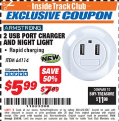 Harbor Freight ITC Coupon 2 USB PORT CHARGER AND NIGHT LIGHT Lot No. 64114 Expired: 3/31/19 - $5.99