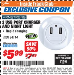 Harbor Freight ITC Coupon 2 USB PORT CHARGER AND NIGHT LIGHT Lot No. 64114 Expired: 3/31/19 - $5.99