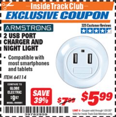 Harbor Freight ITC Coupon 2 USB PORT CHARGER AND NIGHT LIGHT Lot No. 64114 Expired: 1/31/20 - $5.99