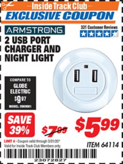 Harbor Freight ITC Coupon 2 USB PORT CHARGER AND NIGHT LIGHT Lot No. 64114 Expired: 3/31/20 - $5.99