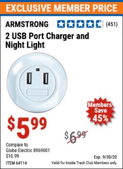 Harbor Freight ITC Coupon 2 USB PORT CHARGER AND NIGHT LIGHT Lot No. 64114 Expired: 9/30/20 - $5.99