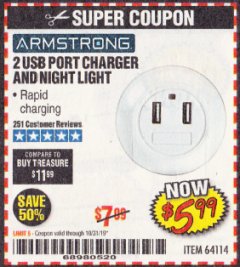 Harbor Freight Coupon 2 USB PORT CHARGER AND NIGHT LIGHT Lot No. 64114 Expired: 10/31/19 - $5.99