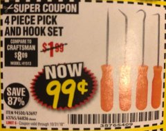 Harbor Freight Coupon 4 PC. PICK AND HOOK SET Lot No. 63697/63765/66836 Expired: 10/31/18 - $0.99