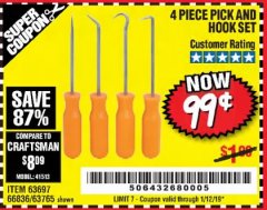 Harbor Freight Coupon 4 PC. PICK AND HOOK SET Lot No. 63697/63765/66836 Expired: 1/12/19 - $0.99