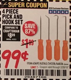 Harbor Freight Coupon 4 PC. PICK AND HOOK SET Lot No. 63697/63765/66836 Expired: 2/28/19 - $0.99