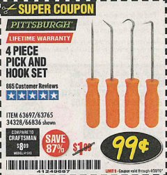Harbor Freight Coupon 4 PC. PICK AND HOOK SET Lot No. 63697/63765/66836 Expired: 4/30/19 - $0.99