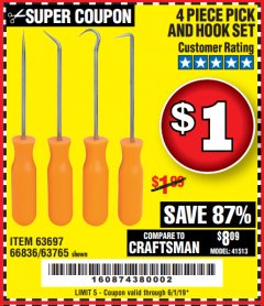 Harbor Freight Coupon 4 PC. PICK AND HOOK SET Lot No. 63697/63765/66836 Expired: 6/1/19 - $1
