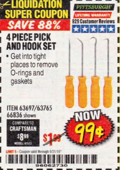Harbor Freight Coupon 4 PC. PICK AND HOOK SET Lot No. 63697/63765/66836 Expired: 5/31/19 - $0.99