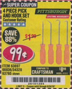 Harbor Freight Coupon 4 PC. PICK AND HOOK SET Lot No. 63697/63765/66836 Expired: 8/24/19 - $0.99