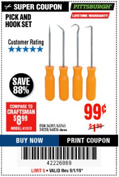 Harbor Freight Coupon 4 PC. PICK AND HOOK SET Lot No. 63697/63765/66836 Expired: 9/1/19 - $0.99