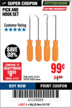 Harbor Freight Coupon 4 PC. PICK AND HOOK SET Lot No. 63697/63765/66836 Expired: 9/1/19 - $0.99