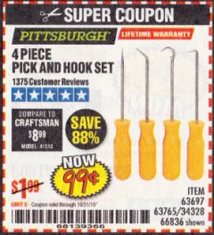 Harbor Freight Coupon 4 PC. PICK AND HOOK SET Lot No. 63697/63765/66836 Expired: 10/31/19 - $0.99