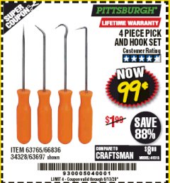 Harbor Freight Coupon 4 PC. PICK AND HOOK SET Lot No. 63697/63765/66836 Expired: 6/30/20 - $0.99