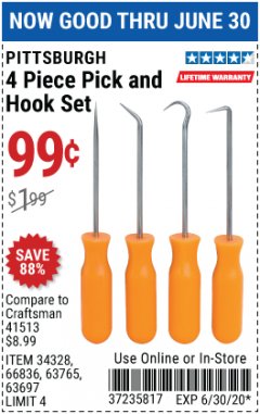 Harbor Freight Coupon 4 PC. PICK AND HOOK SET Lot No. 63697/63765/66836 Expired: 6/30/20 - $0.99
