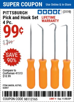 Harbor Freight Coupon 4 PC. PICK AND HOOK SET Lot No. 63697/63765/66836 Expired: 11/30/20 - $0.99