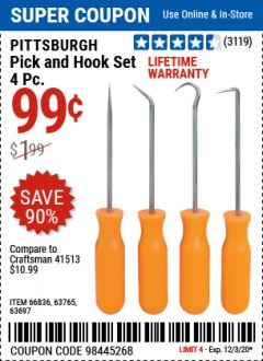 Harbor Freight Coupon 4 PC. PICK AND HOOK SET Lot No. 63697/63765/66836 Expired: 12/3/20 - $0.99